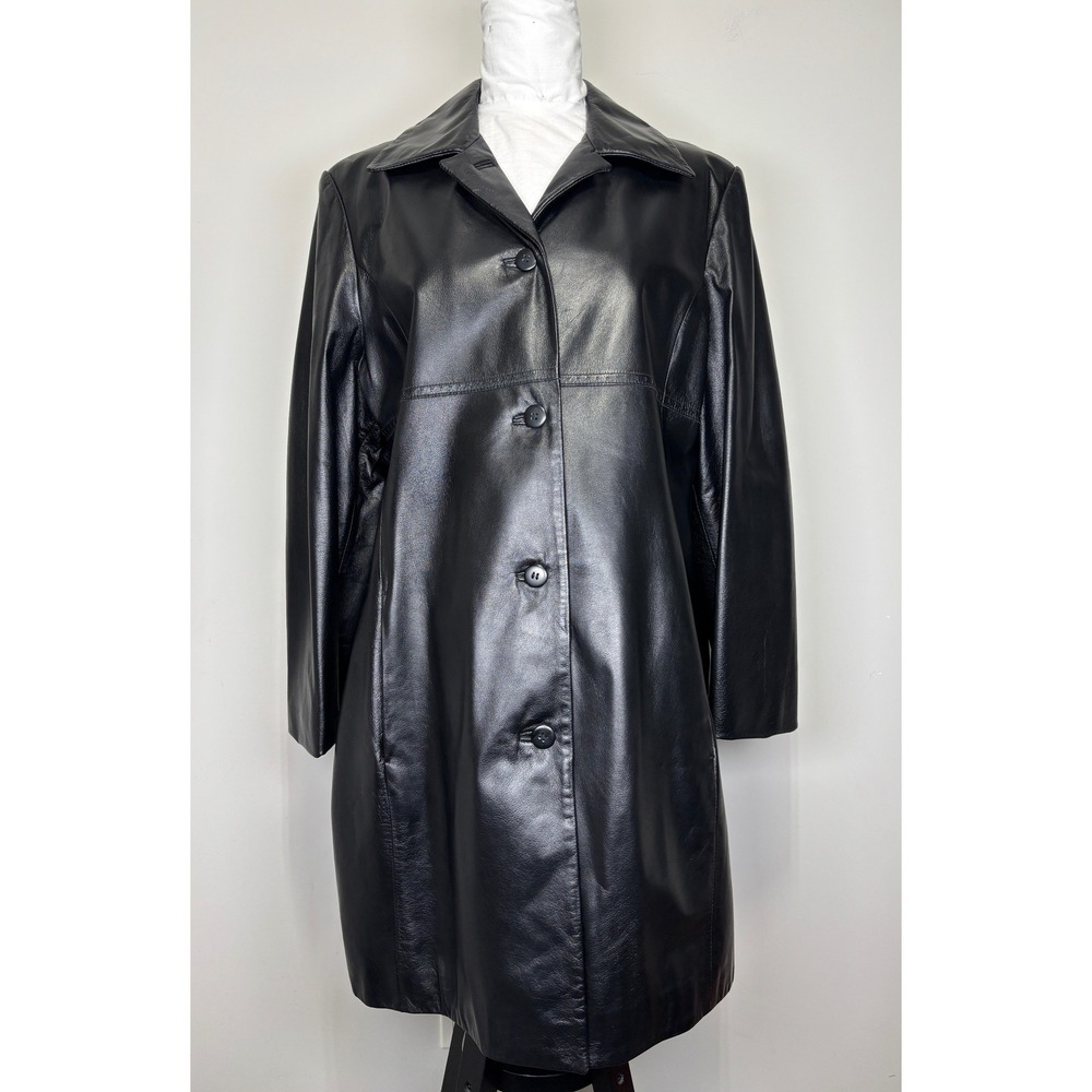 Danier Canada Black Leather Coat Mid Length Button Up Jacket Womens M/L